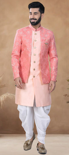 Pink and Majenta color IndoWestern Dress in Silk fabric with Broches, Weaving work