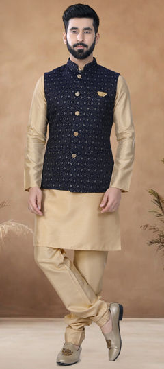 Gold color Kurta Pyjama with Jacket in Silk fabric with Thread work