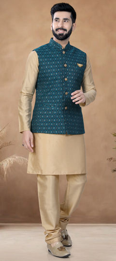 Gold color Kurta Pyjama with Jacket in Silk fabric with Thread work