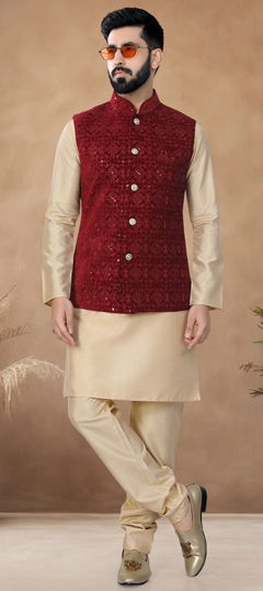 Gold color Kurta Pyjama with Jacket in Silk fabric with Embroidered, Sequence, Thread work