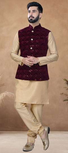 Gold color Kurta Pyjama with Jacket in Silk fabric with Embroidered, Sequence, Thread work