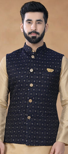 Blue color Nehru Jacket in Jacquard fabric with Weaving work