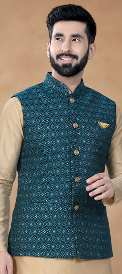 Blue color Nehru Jacket in Jacquard fabric with Weaving work