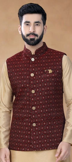 Red and Maroon color Nehru Jacket in Jacquard fabric with Weaving work