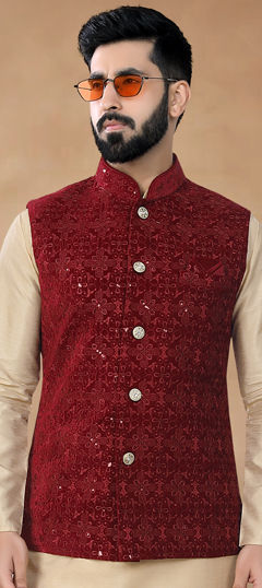 Red and Maroon color Nehru Jacket in Velvet fabric with Embroidered, Sequence, Thread work