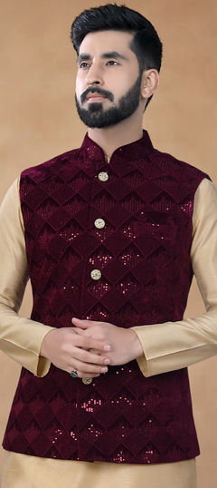 Purple and Violet color Nehru Jacket in Velvet fabric with Embroidered, Sequence, Thread work