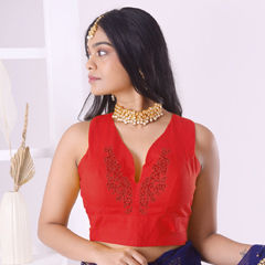 Red and Maroon color Blouse in Cotton fabric with Embroidered, Thread work