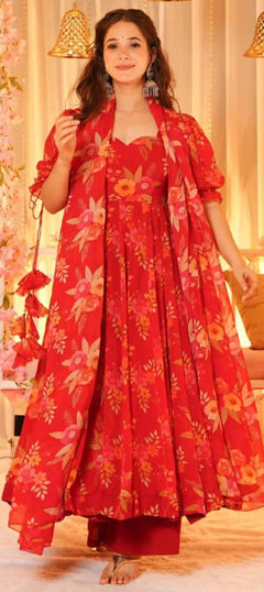 Orange color Salwar Kameez in Art Silk fabric with Digital Print work