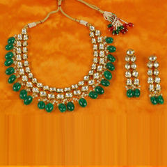 Gold Rodium Polish Green color Necklace in Metal Alloy studded with CZ Diamond, Kundan