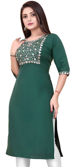 Green color Kurti in Rayon fabric with Embroidered, Sequence, Thread work