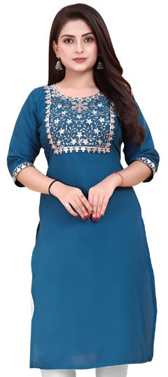 Blue color Kurti in Rayon fabric with Embroidered, Sequence, Thread work