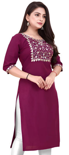 Purple and Violet color Kurti in Rayon fabric with Embroidered, Sequence, Thread work