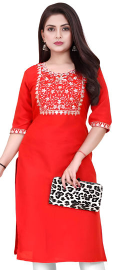 Orange color Kurti in Rayon fabric with Embroidered, Sequence, Thread work