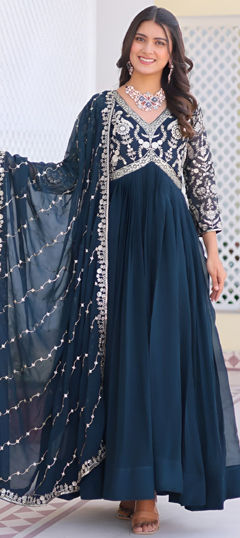 Blue color Gown in Faux Georgette fabric with Embroidered, Sequence, Thread work