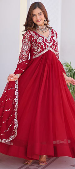 Red and Maroon color Gown in Faux Georgette fabric with Embroidered, Sequence, Thread work