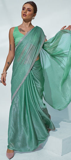 Green color Saree in Chiffon fabric with Lace work