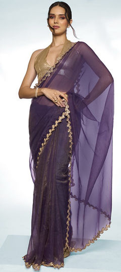 Purple and Violet color Saree in Tissue fabric with Lace work