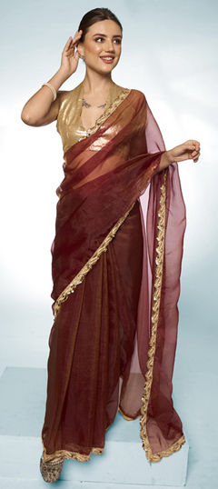 Beige and Brown color Saree in Tissue fabric with Lace work