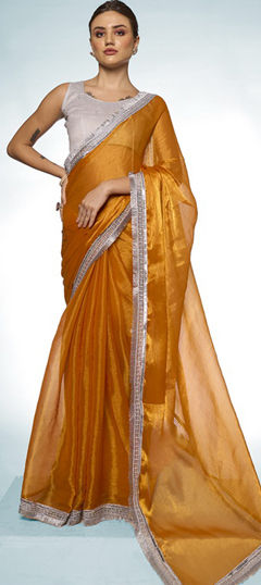 Yellow color Saree in Silk fabric with Lace work