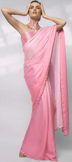 Pink and Majenta color Saree in Silk fabric with Lace work