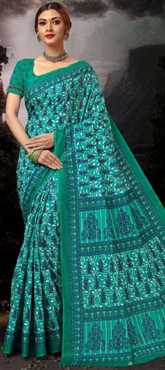 Blue color Saree in Cotton fabric with Printed work