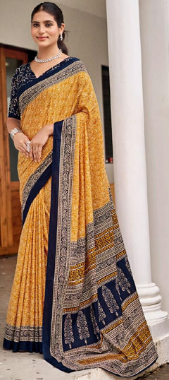 Yellow color Saree in Cotton fabric with Printed work