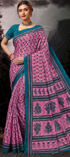 Pink and Majenta color Saree in Cotton fabric with Printed work