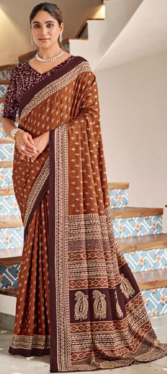 Beige and Brown color Saree in Cotton fabric with Printed work