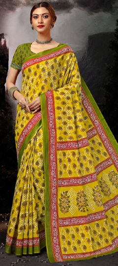 Yellow color Saree in Cotton fabric with Printed work