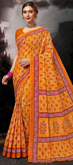 Orange color Saree in Cotton fabric with Printed work