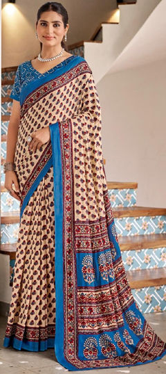 Beige and Brown color Saree in Cotton fabric with Printed work