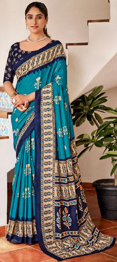 Blue color Saree in Cotton fabric with Printed work