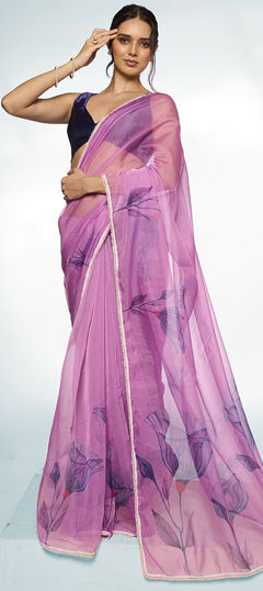 Purple and Violet color Saree in Organza Silk fabric with Floral, Lace, Printed work