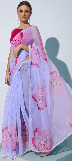 Blue color Saree in Organza Silk fabric with Floral, Lace, Printed work