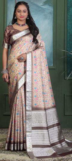 Beige and Brown color Saree in Viscose fabric with Floral, Printed work