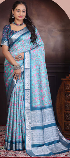 Blue color Saree in Viscose fabric with Floral, Printed work