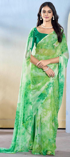 Green color Readymade Saree in Georgette fabric with Printed work