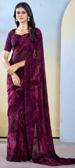 Purple and Violet color Readymade Saree in Georgette fabric with Printed work