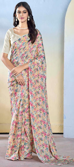 Beige and Brown color Readymade Saree in Georgette fabric with Floral, Printed work