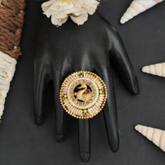 Gold Rodium Polish Green color Ring in Metal Alloy studded with CZ Diamond