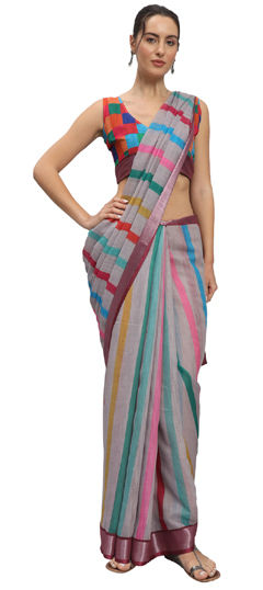 Multicolor color Readymade Saree in Linen fabric with Printed work