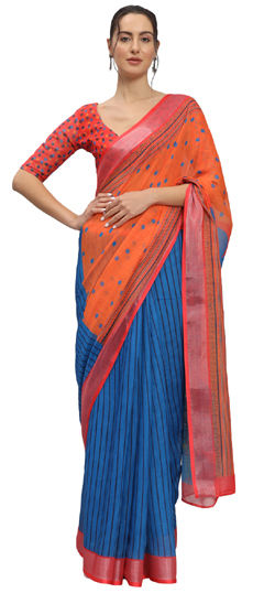 Blue, Orange color Readymade Saree in Linen fabric with Printed work