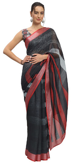 Black and Grey color Readymade Saree in Linen fabric with Printed work