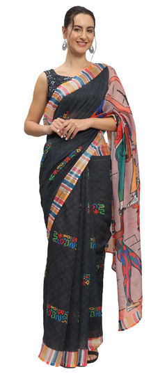 Black and Grey color Readymade Saree in Linen fabric with Printed work