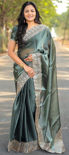 Black and Grey color Saree in Art Silk fabric with Thread work