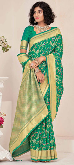 Green color Saree in Silk fabric with Weaving work