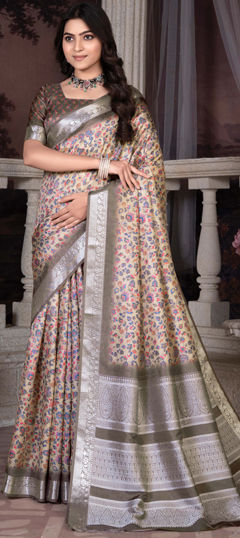 Beige and Brown color Saree in Viscose fabric with Floral, Printed, Weaving work