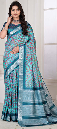 Blue color Saree in Viscose fabric with Floral, Printed, Weaving work