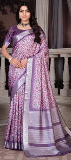 Pink and Majenta color Saree in Viscose fabric with Floral, Printed, Weaving work