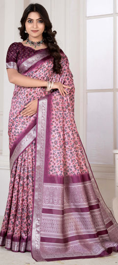 Pink and Majenta color Saree in Viscose fabric with Floral, Printed, Weaving work